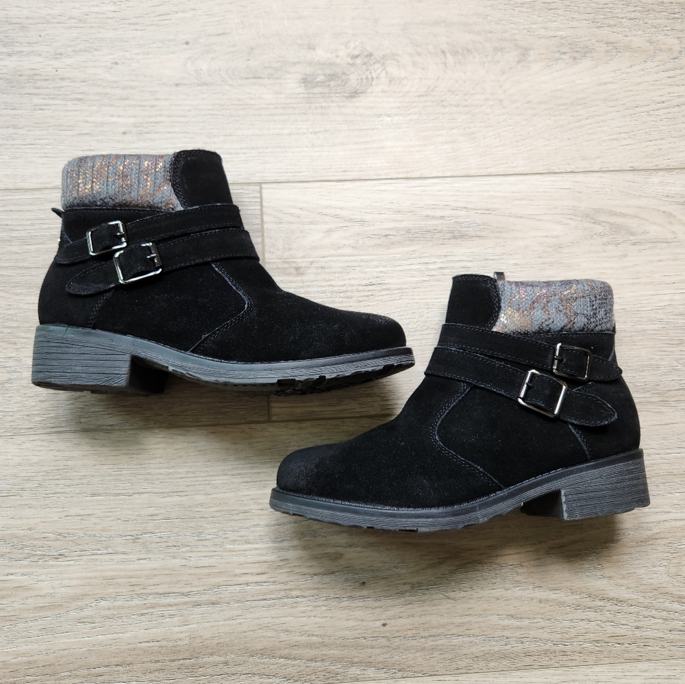 Bernie Mev. Black Ankle Boots Womens 37 Sweater Cuff Distressed Suede Nwt